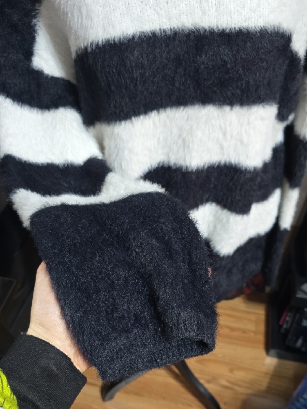 Striped Fuzzy Crewneck Sweater in Black and White - Picture 2 of 6